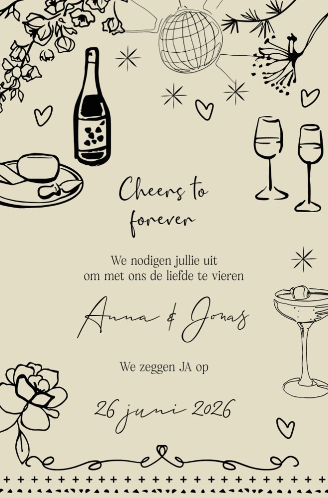 Moderne trouwkaart met vrolijke illustraties in bohemian stijl