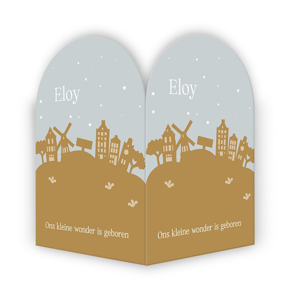 Geboortebord met Hollandse huisjes en molen in stoere kleuren voor een zoon - 50x70 cm