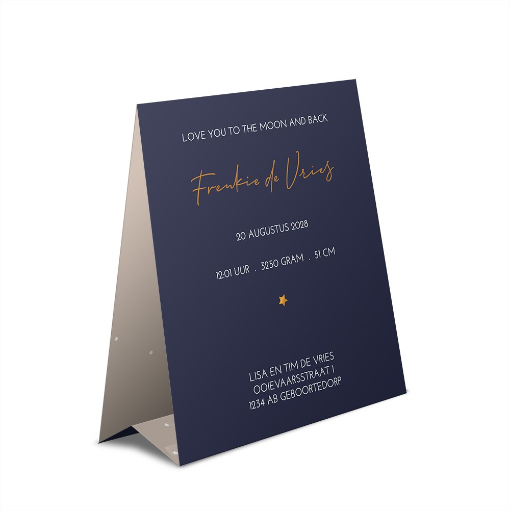Jongens geboortekaartje zelfsluitend tentkaartje met lieve maan sterren en koperfolie - Frenkie