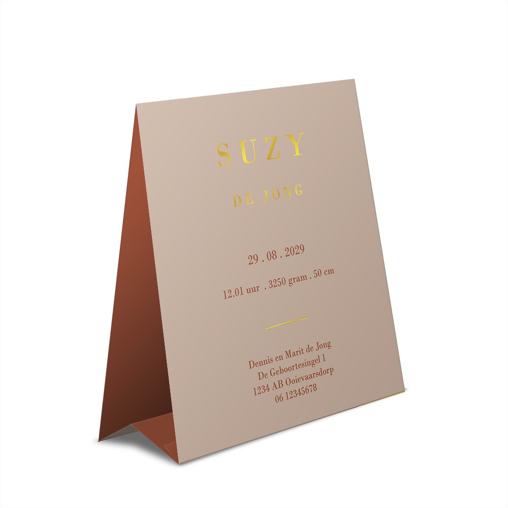 Geboortekaartje meisje met goudfolie lijntekening van meisje met bloem in een uniek tentkaartje - Suzy