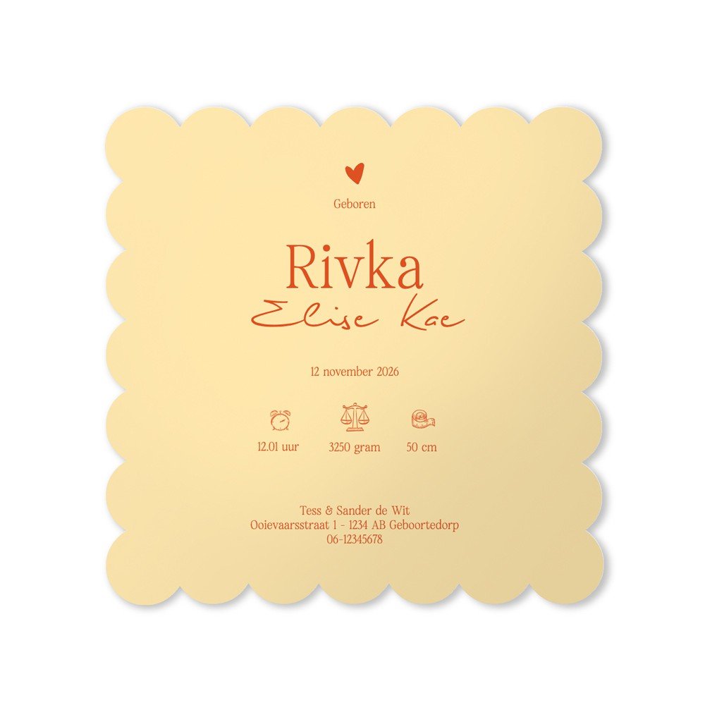 Geboortekaartje meisje met ribbel randje in hippe kleuren en print - Rivka