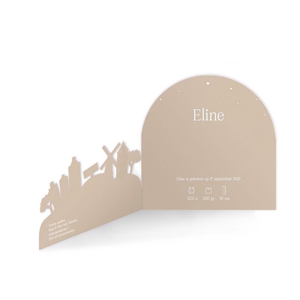 Geboortekaartje meisje in unieke 3d vorm met Hollandse skyline in trendy kleuren en strepen - Eline