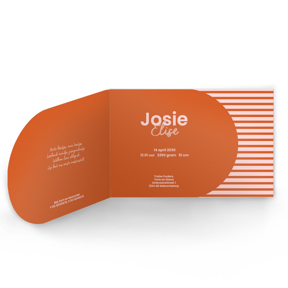 Vrolijk meisjes geboortekaartje met hippe kleuren en strepen - Josie