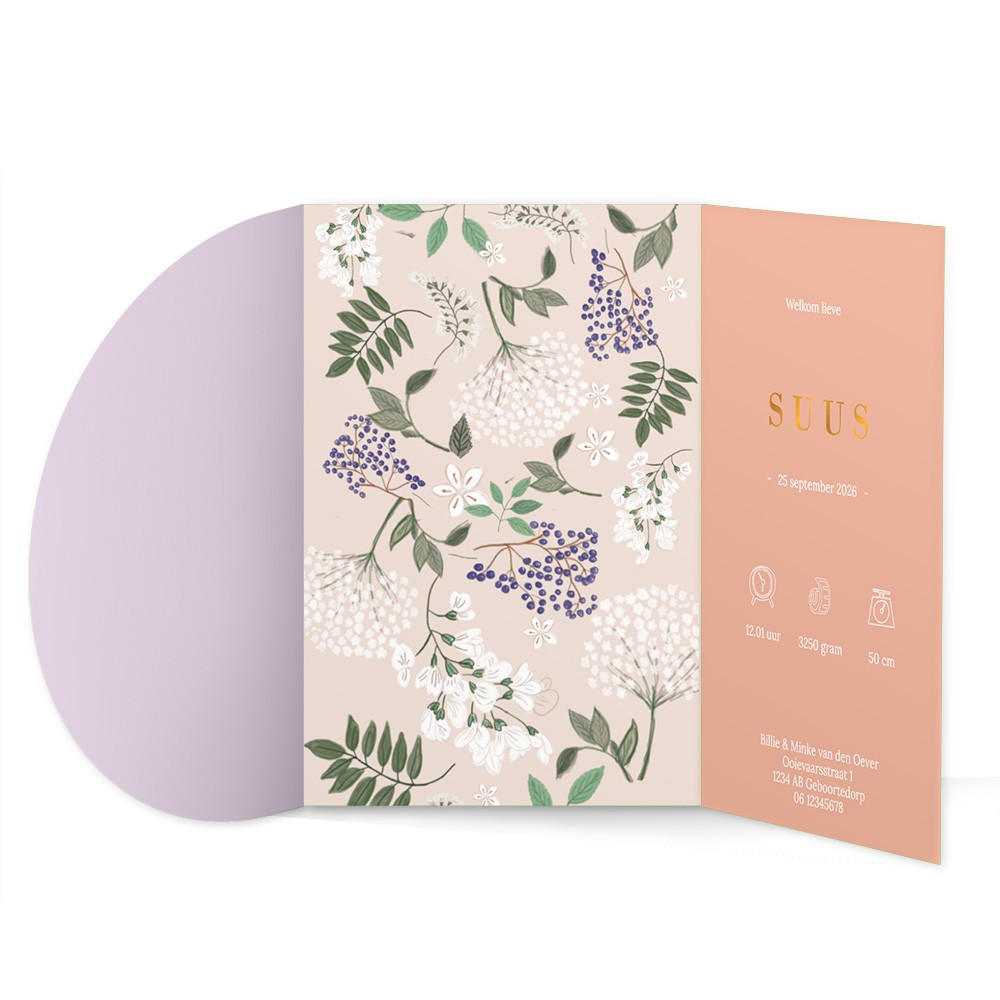 Geboortekaartje meisje met bloemen patroon in pocketfold vorm met koperfolie - Suus