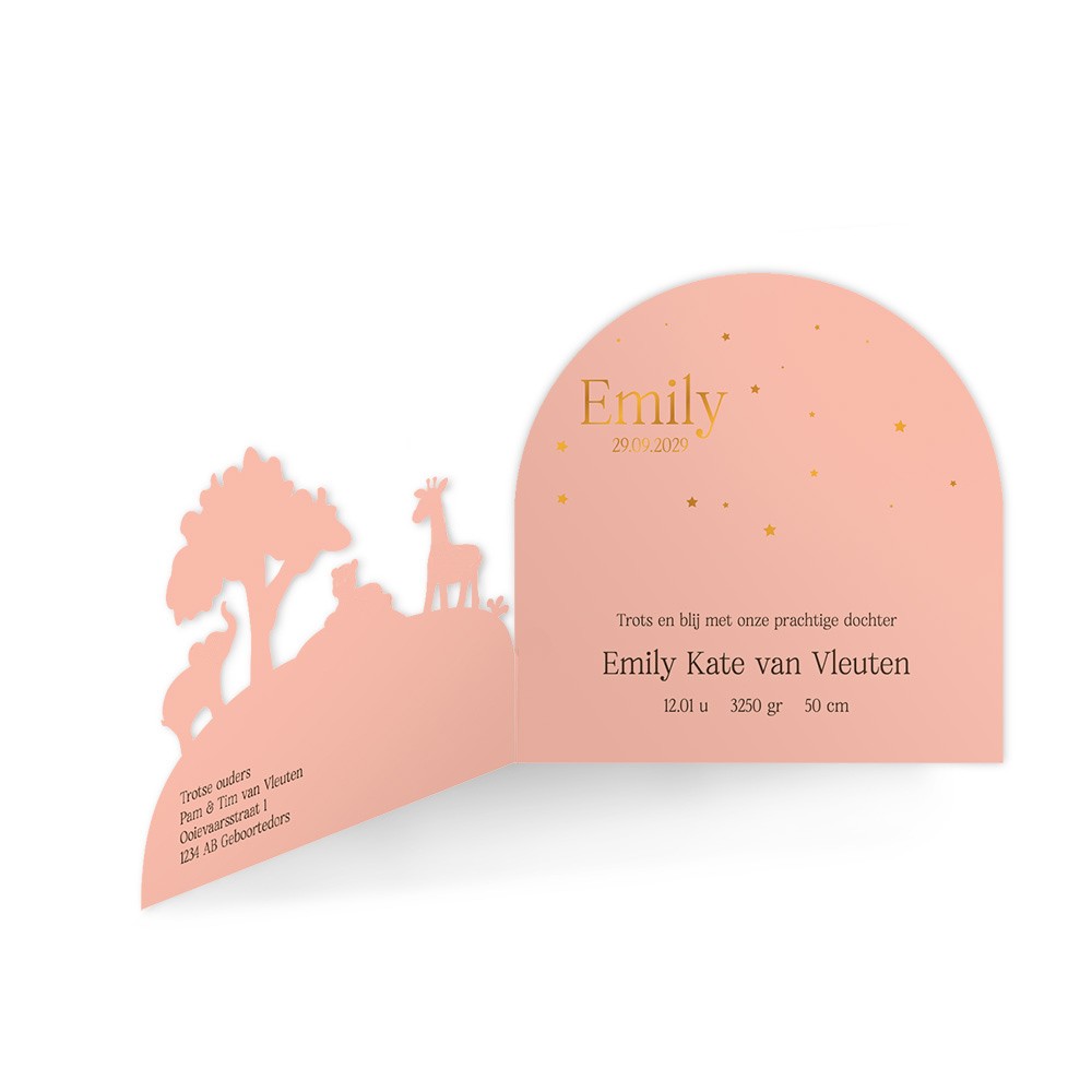 Geboortekaartje meisje met jungle dieren in een 3d vorm met koperfolie - Emily