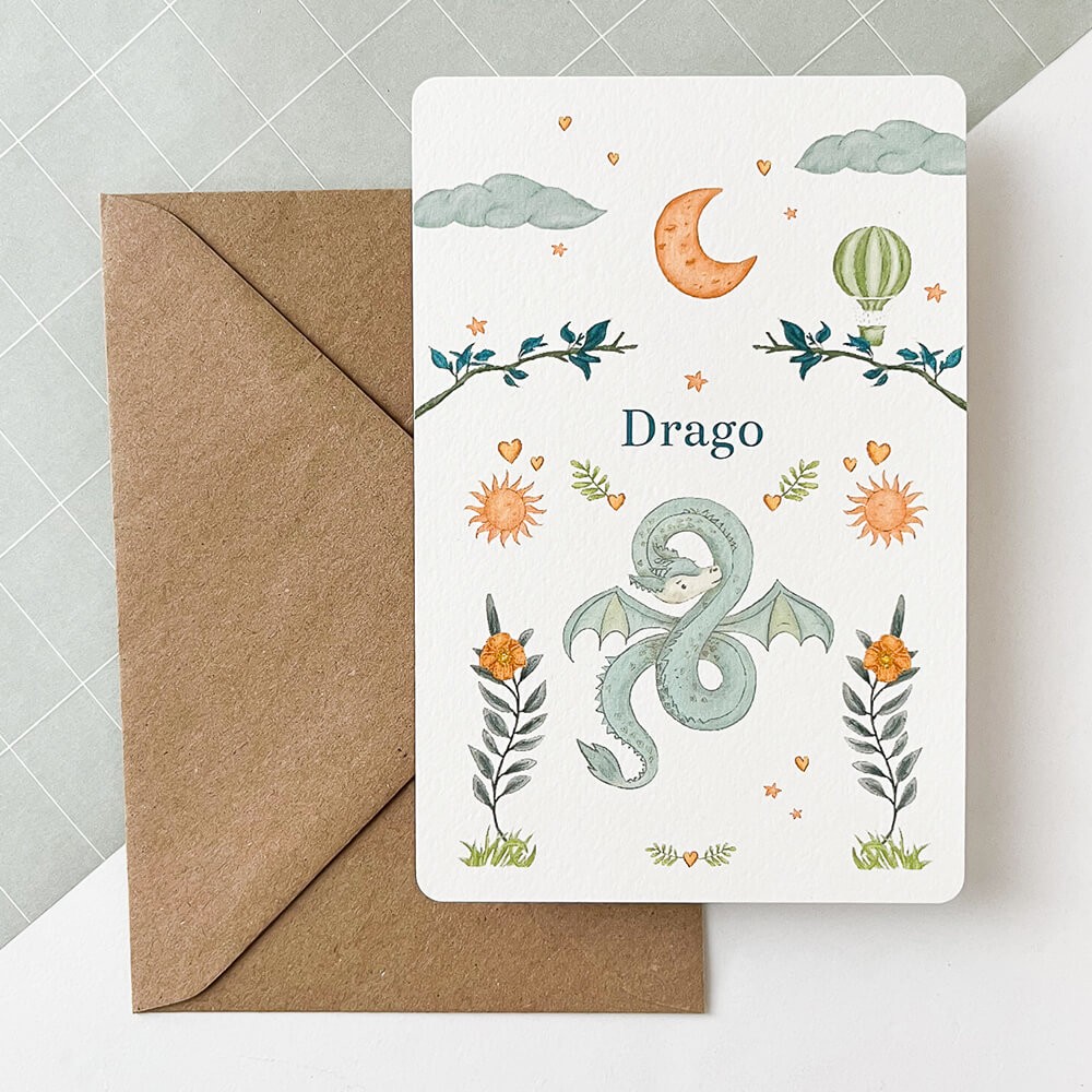 Jongens geboortekaartje met sprookjes draak - Drago