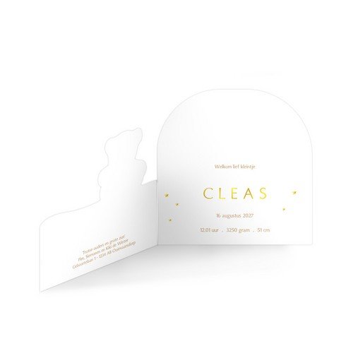 Unisex geboortekaartje met beertje van goudfolie in bijzondere vorm - Cleas