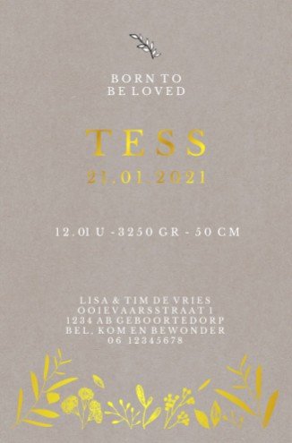 Botanisch geboortekaartje op grijskarton met goudfolie - Tess