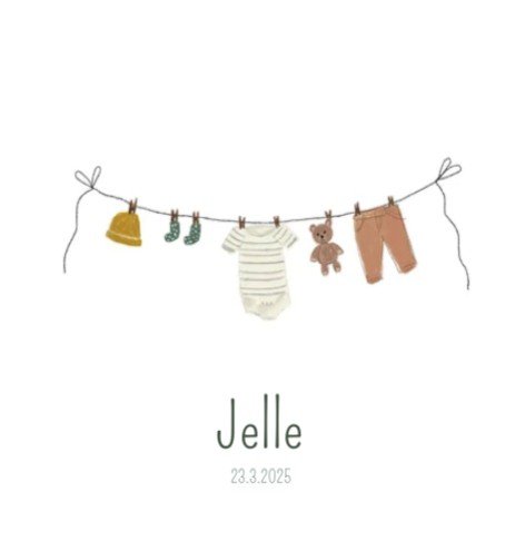 Geboortekaartje met illustratieve waslijn voor een jongen - Jelle