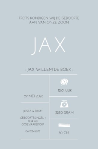 Geboortekaartje achterkant typografisch in blauw - Jax