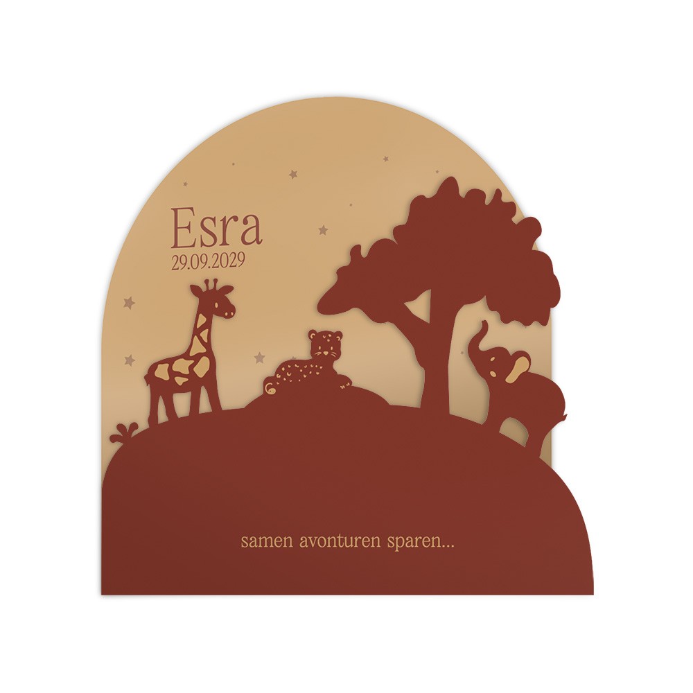 Geboortekaartje unisex met jungle dieren in unieke 3d vorm- Esra