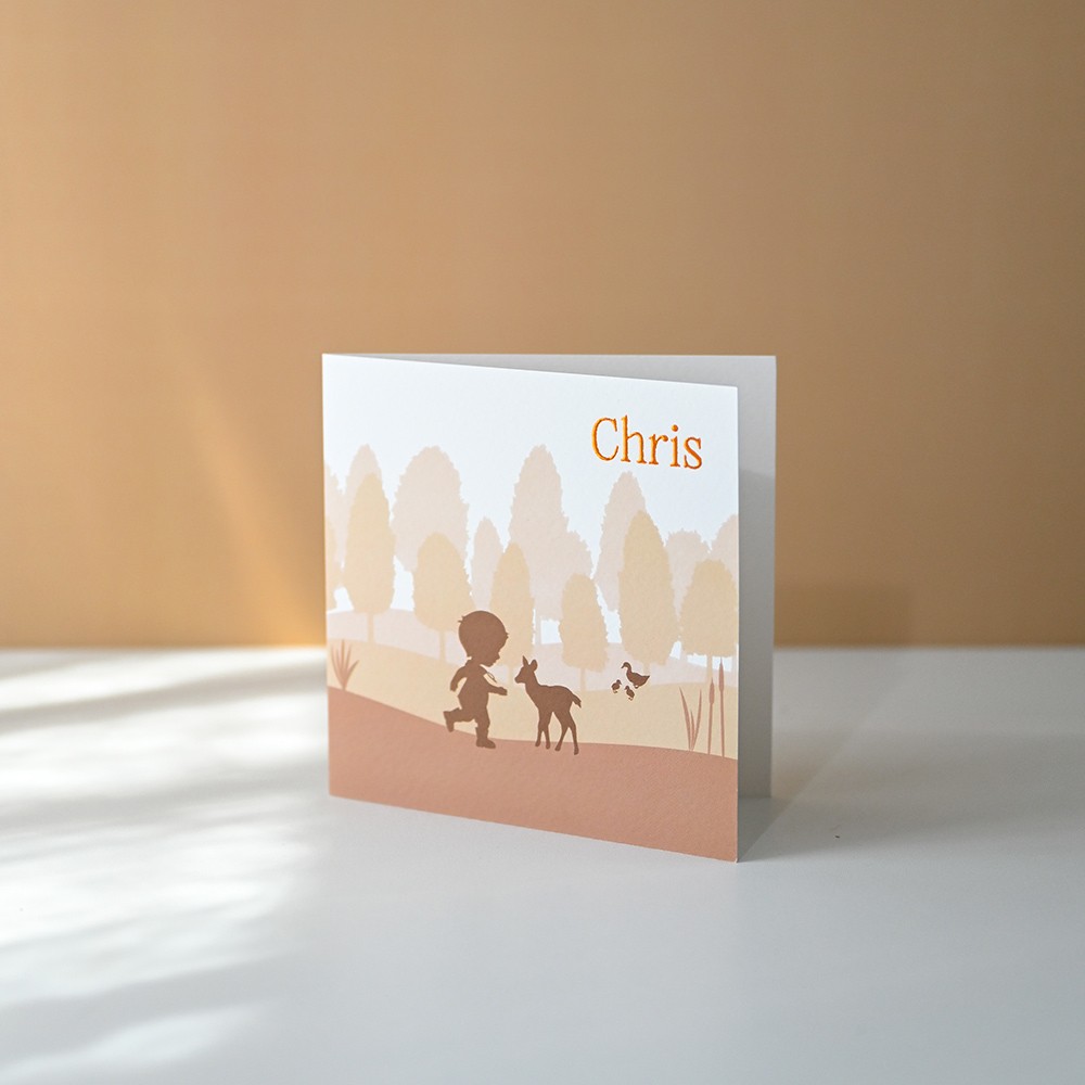 Geboortekaartje jongen op avontuur met hertje in het bos met koperfolie - Chris