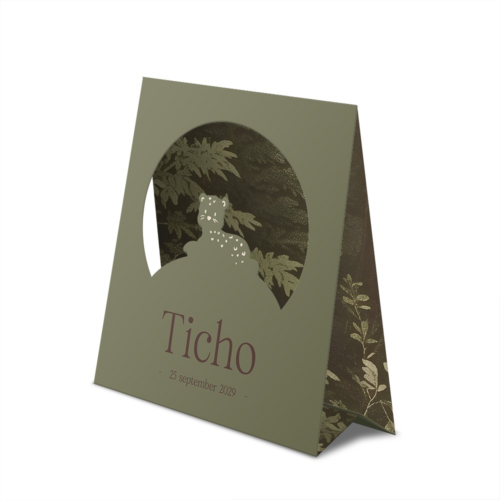 Geboortekaartje jongen met jungle en doorkijk tijger in bijzondere tentvorm - Ticho