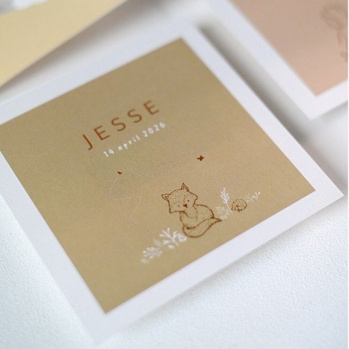Geboortekaartje jongen met bosdieren in neutrale kleuren en koperfolie - Jesse