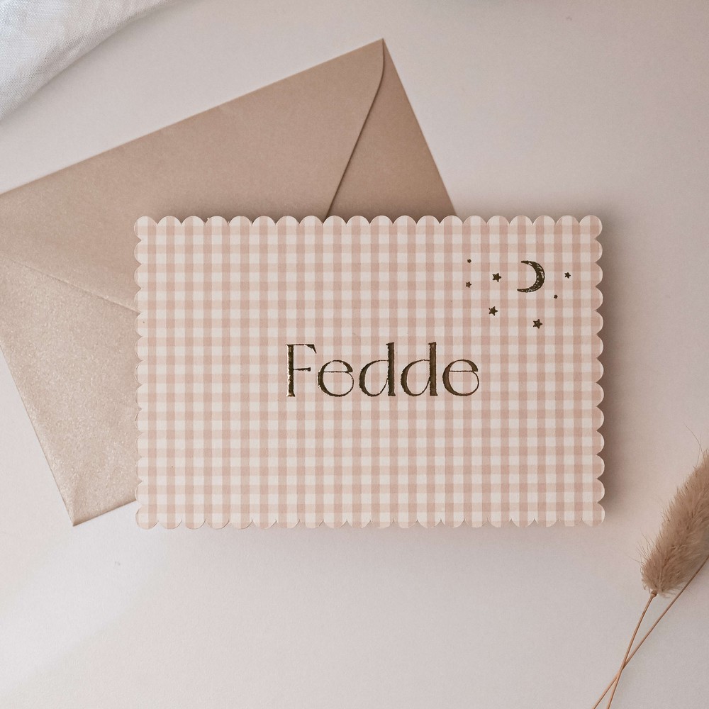 Geboortekaartje jongen klassiek met ruitjes, goudfolie met bijzondere vorm - Fedde