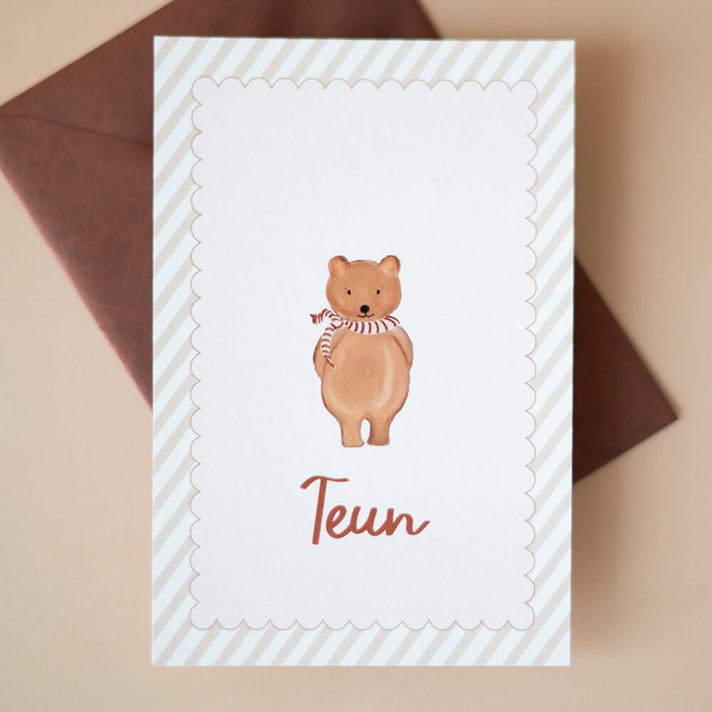 Geboortekaartje jongen lief beertje klassiek en trendy - Teun