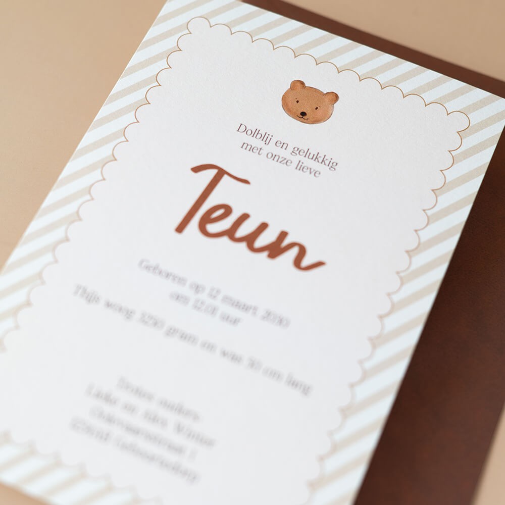 Geboortekaartje jongen lief beertje klassiek en trendy - Teun