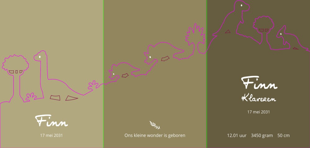 Geboortekaartje dino voor een jongen met unieke 3d vorm in stoere kleuren - Finn