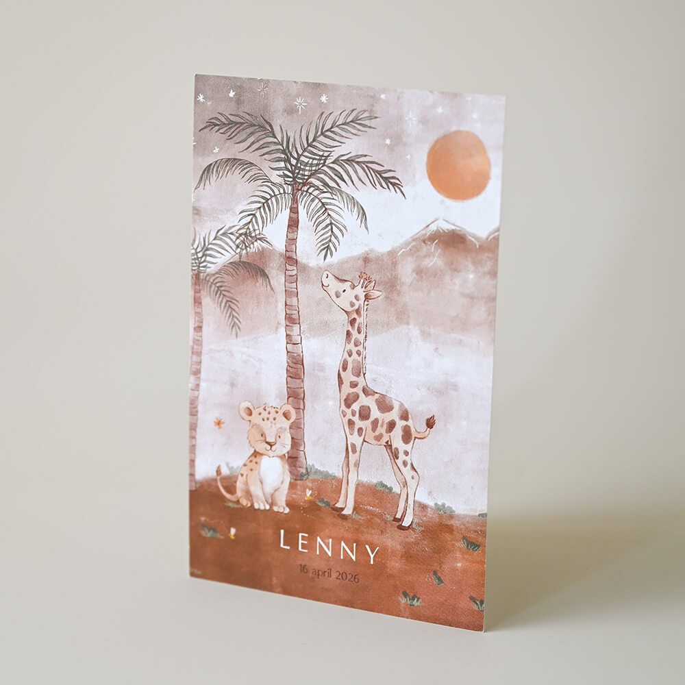 Geboortekaartje jongens jungle met giraffe, tijger en palmbomen - Lenny