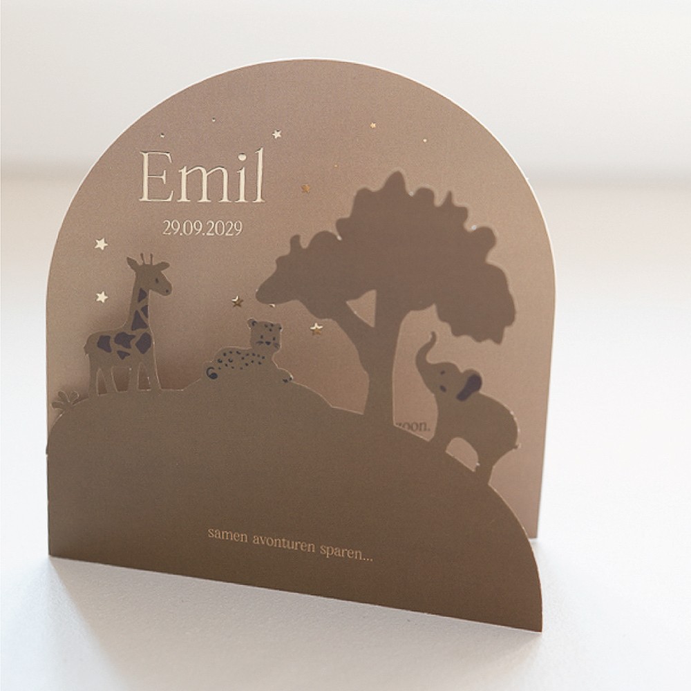 Geboortekaartje jongen 3d met jungle dieren met stoere kleuren en goudfolie - Emil