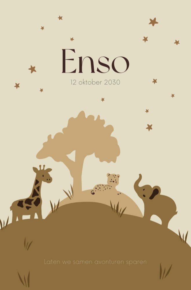 Geboortekaartje jungle met diertjes op heuvels jongen - Enso