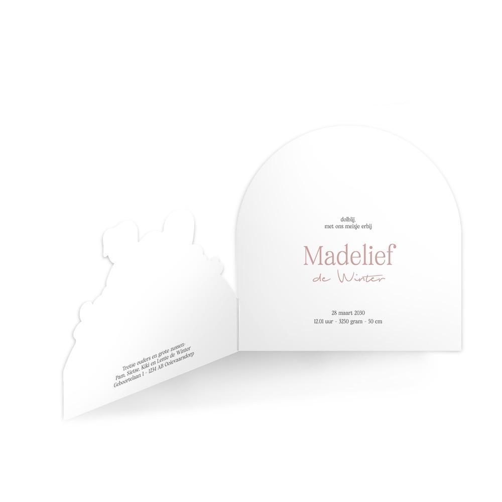 Geboortekaartje meisje met twee grote zussen in rosegoudfolie en bijzondere 3d vorm - Madelief