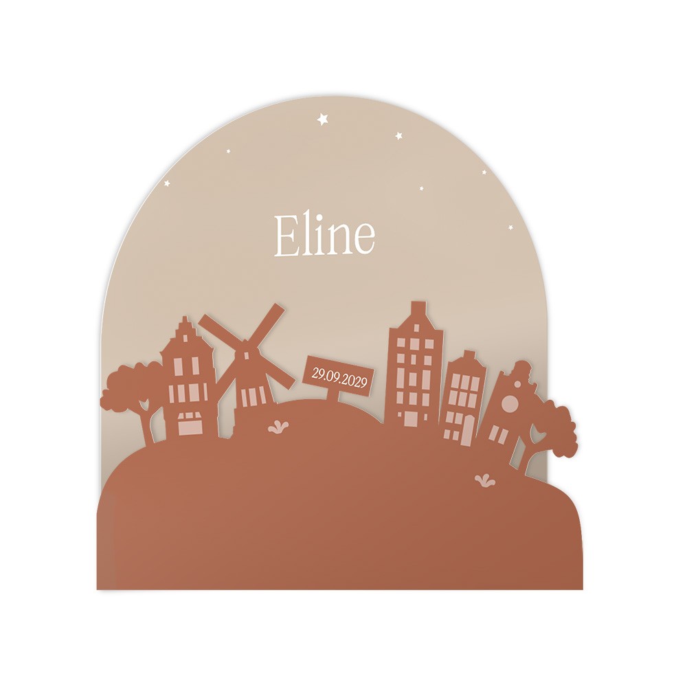 Geboortekaartje meisje in unieke 3d vorm met Hollandse skyline in trendy kleuren en strepen - Eline