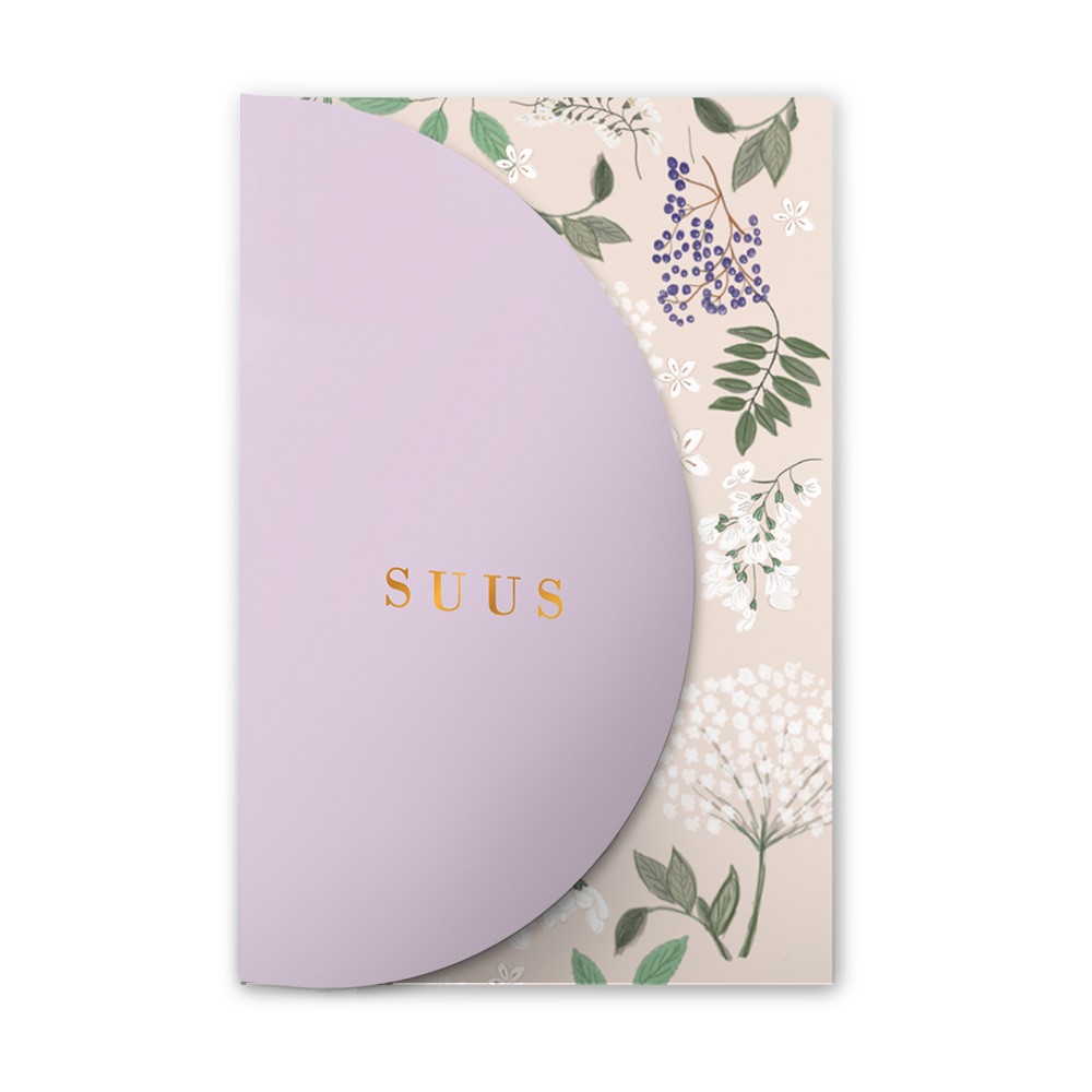 Geboortekaartje meisje met bloemen patroon in pocketfold vorm met koperfolie - Suus