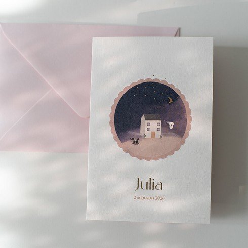 Geboortekaartje meisje met huisje in de nacht lucht met maan en stippen - Julia