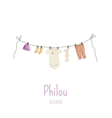 Geboortekaartje voor een meisje met geïllustreerde waslijn - Philou