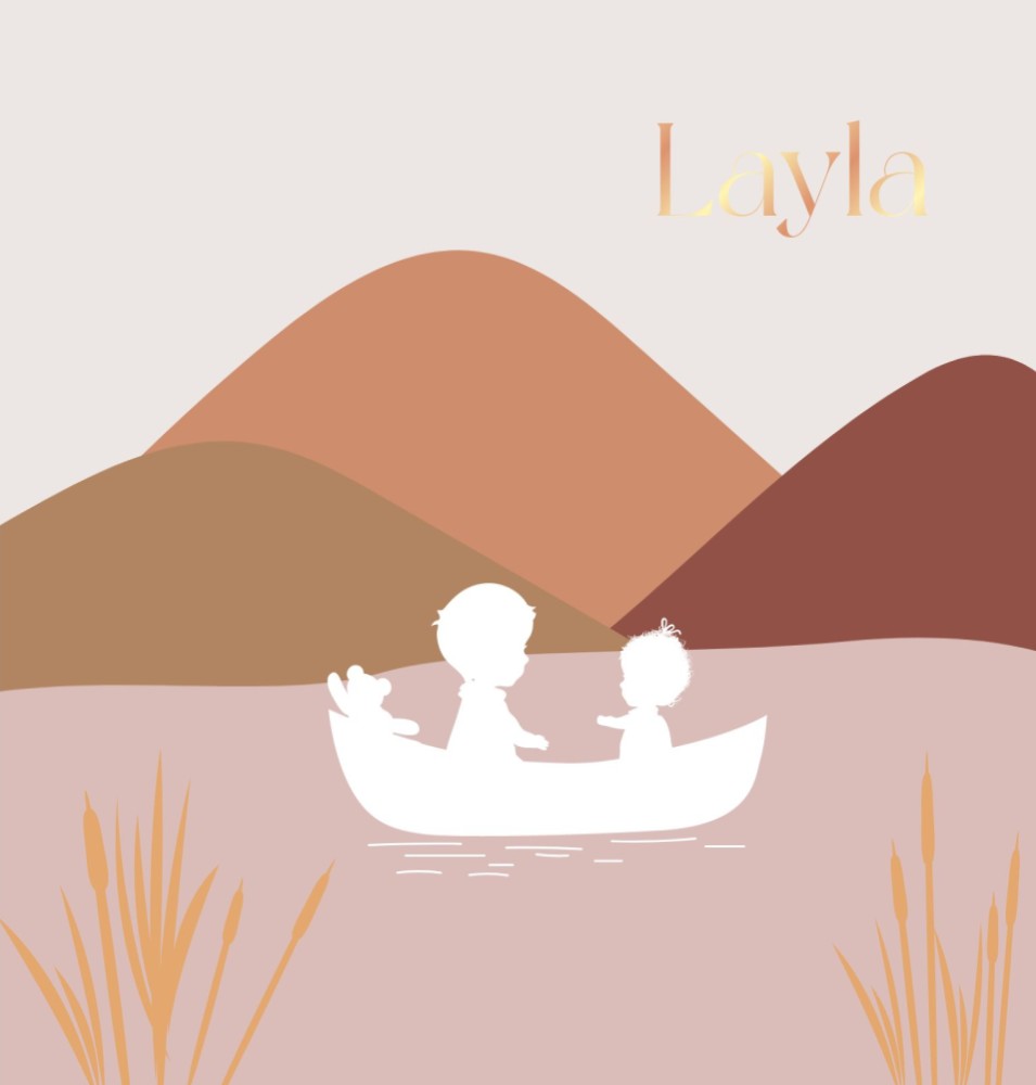 Geboortekaartje meisje met grote broer op avontuur op het water met rosegoudfolie - Layla