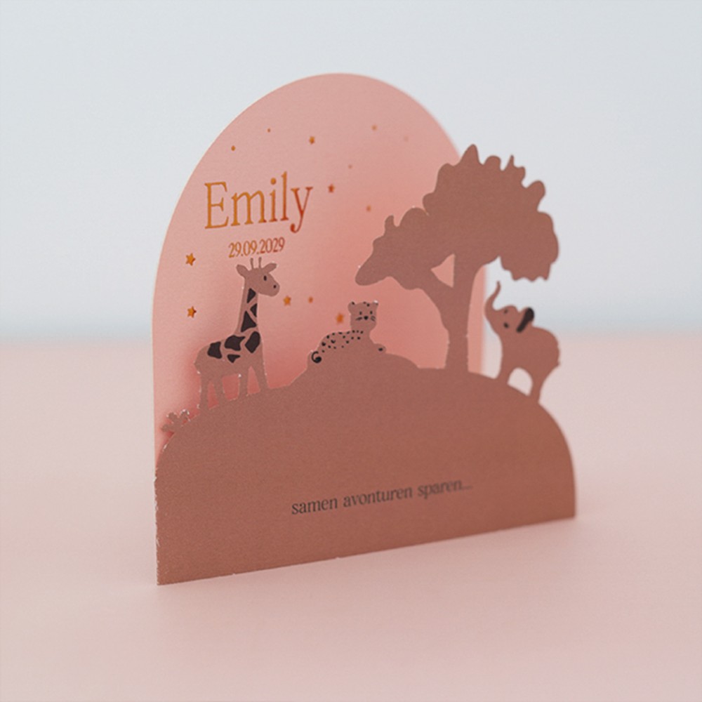 Geboortekaartje meisje met jungle dieren in een 3d vorm met koperfolie - Emily
