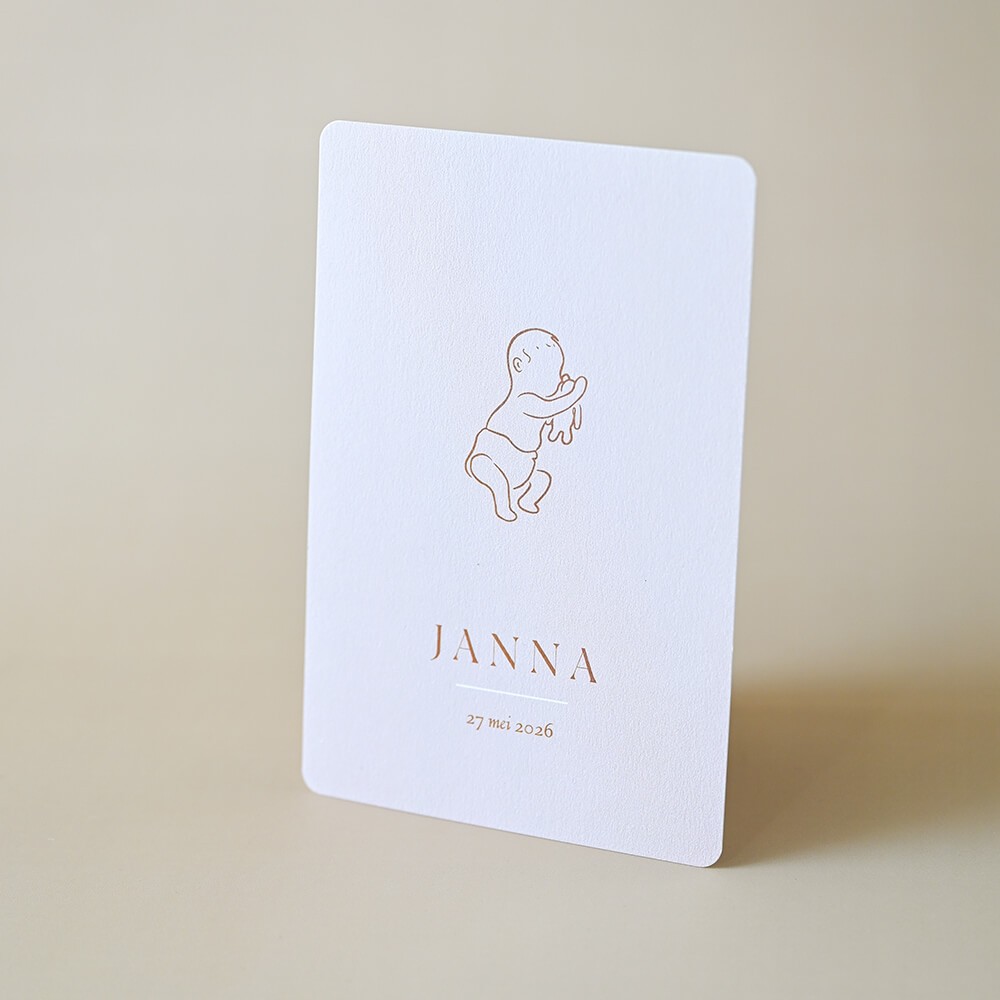Geboortekaartje meisje met lijntekening van baby met knuffeltje - Janna