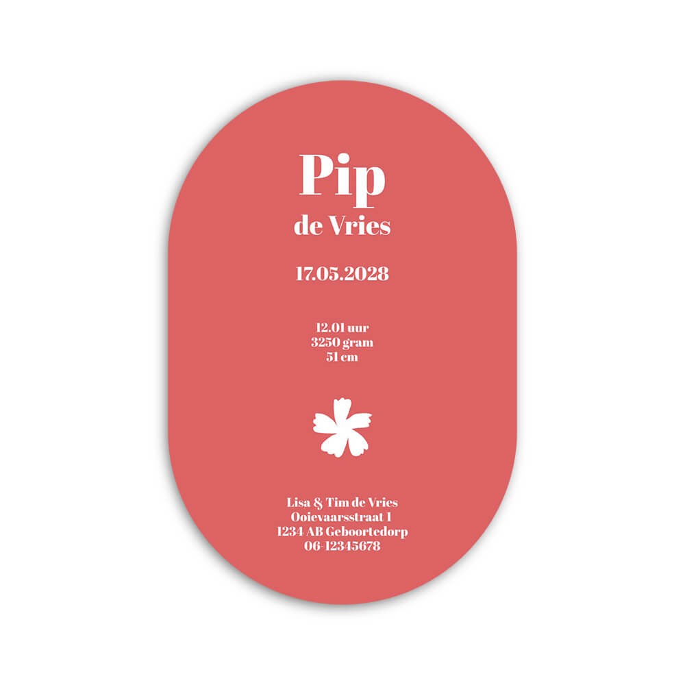 Geboortekaartje meisje ovaal met lief roze en bloemen - Pip