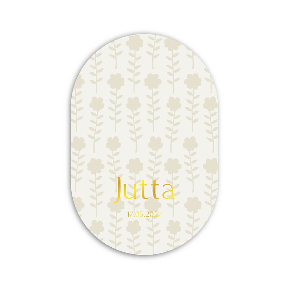 Geboortekaartje meisje in het ovaal met beige kleuren en goudfolie  - Jutta