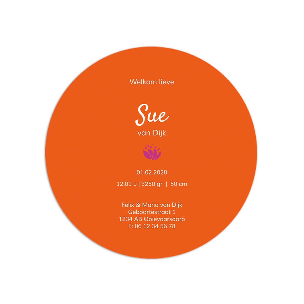 Vrolijk geboortekaartje meisje met kleurrijke abstracte  bloemen in ronde vorm- Sue