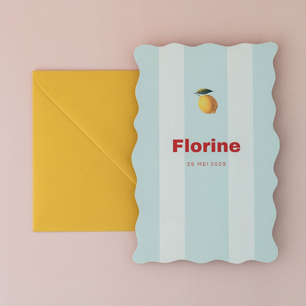 Meisjes geboortekaartje met een speelse vorm en vrolijke strepen - Florine