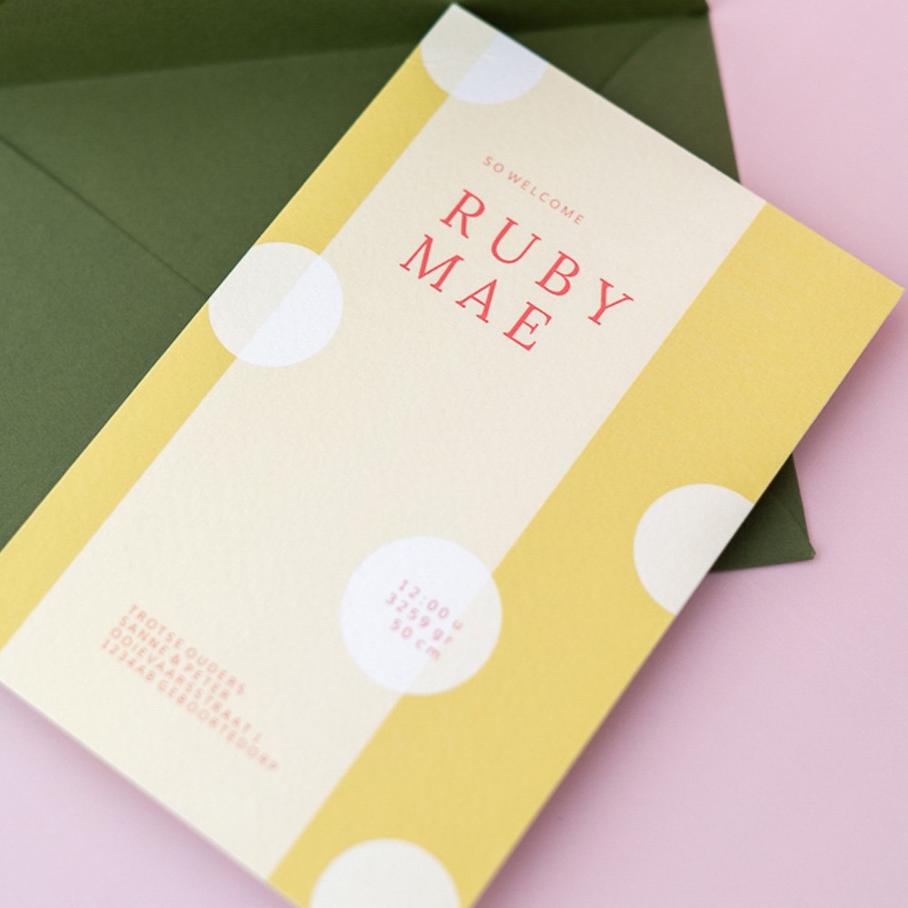 Geboortekaartje meisje met vrolijk en hippe strepen en stippen - Ruby