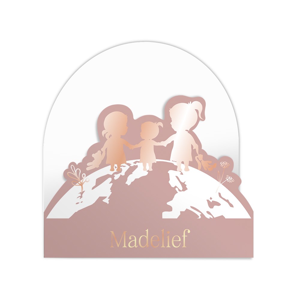Geboortekaartje meisje met twee grote zussen in rosegoudfolie en bijzondere 3d vorm - Madelief