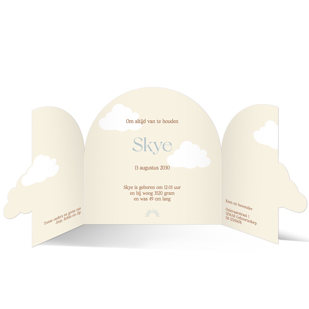 Unisex geboortekaartje met bijzondere wolkvorm en goudfolie - Skye