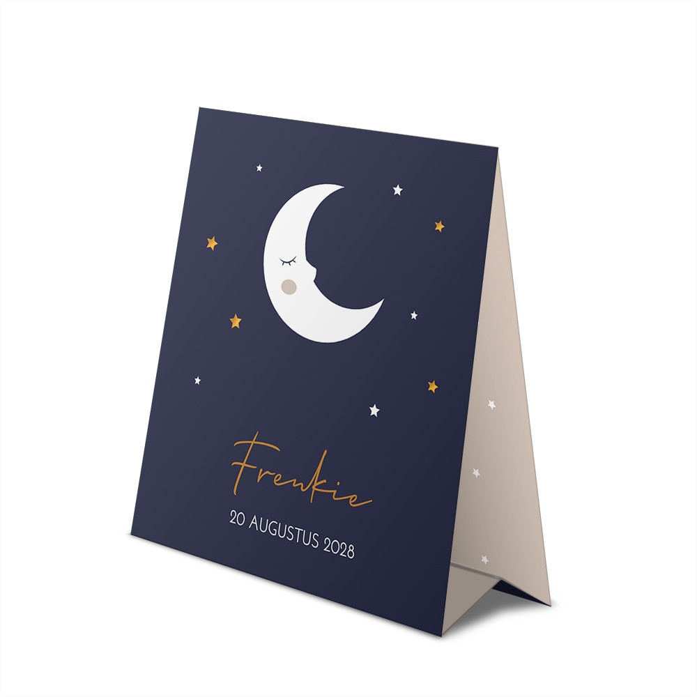 Jongens geboortekaartje zelfsluitend tentkaartje met lieve maan sterren en koperfolie - Frenkie