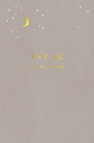 Stoer geboortekaartje grijsbord maan en sterretjes foliedruk - Isaac