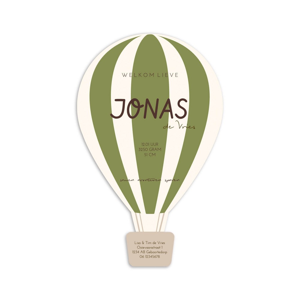 Geboortekaartje jongen met stoer groen hoogglans en speelse luchtballon vorm - jonas