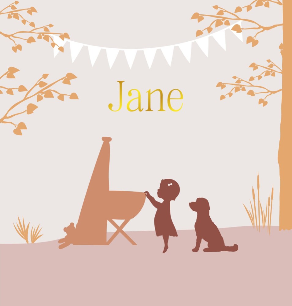 Meisjes geboortekaartje met grote zus en hond bij wieg - Jane