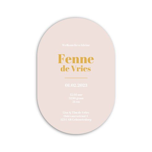 Kleurrijk en typografisch ovaal geboortekaartje in geel en roze - Fenne