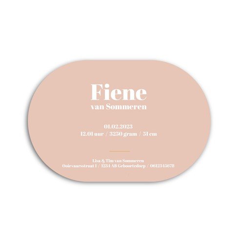 Ovaal geboortekaartje met kleurrijk strepen patroon in geel en roze - Fiene