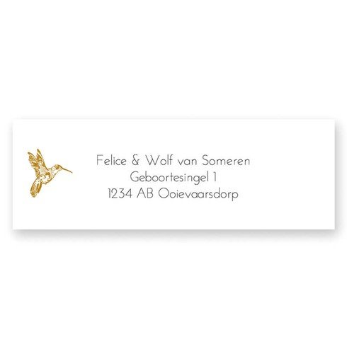 Adresetiket met kolibrie in goudkleur