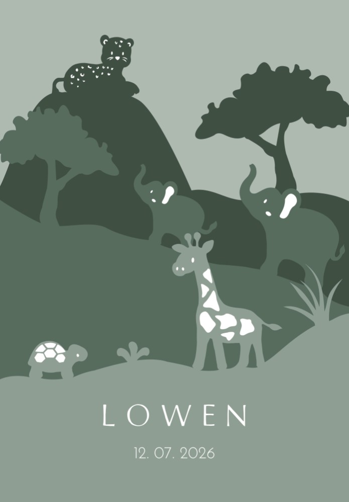 Stoere jungle mini geboorteposter met groene tint en verschillende jungle dieren