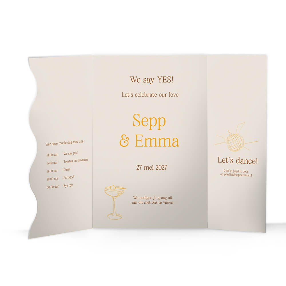 Unieke trouwkaart met hippe en frisse kleuren in een originele vorm