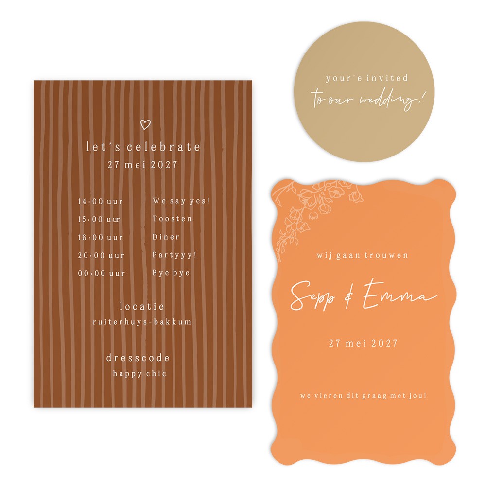 Stijlvolle 3-delige trouw stapelkaart in terracotta en trendy zandkleur